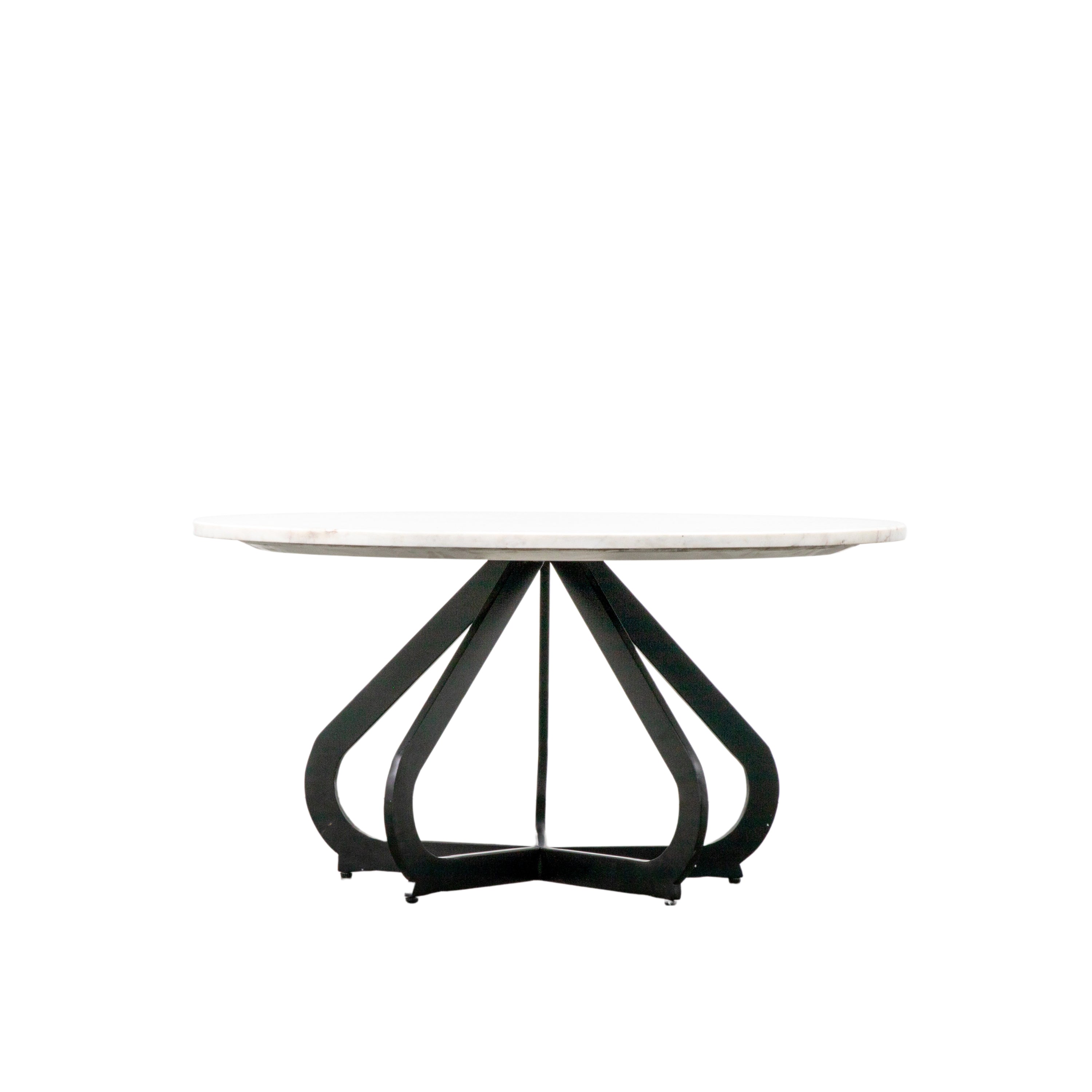Round table with a white marble top and black metal base on a white background