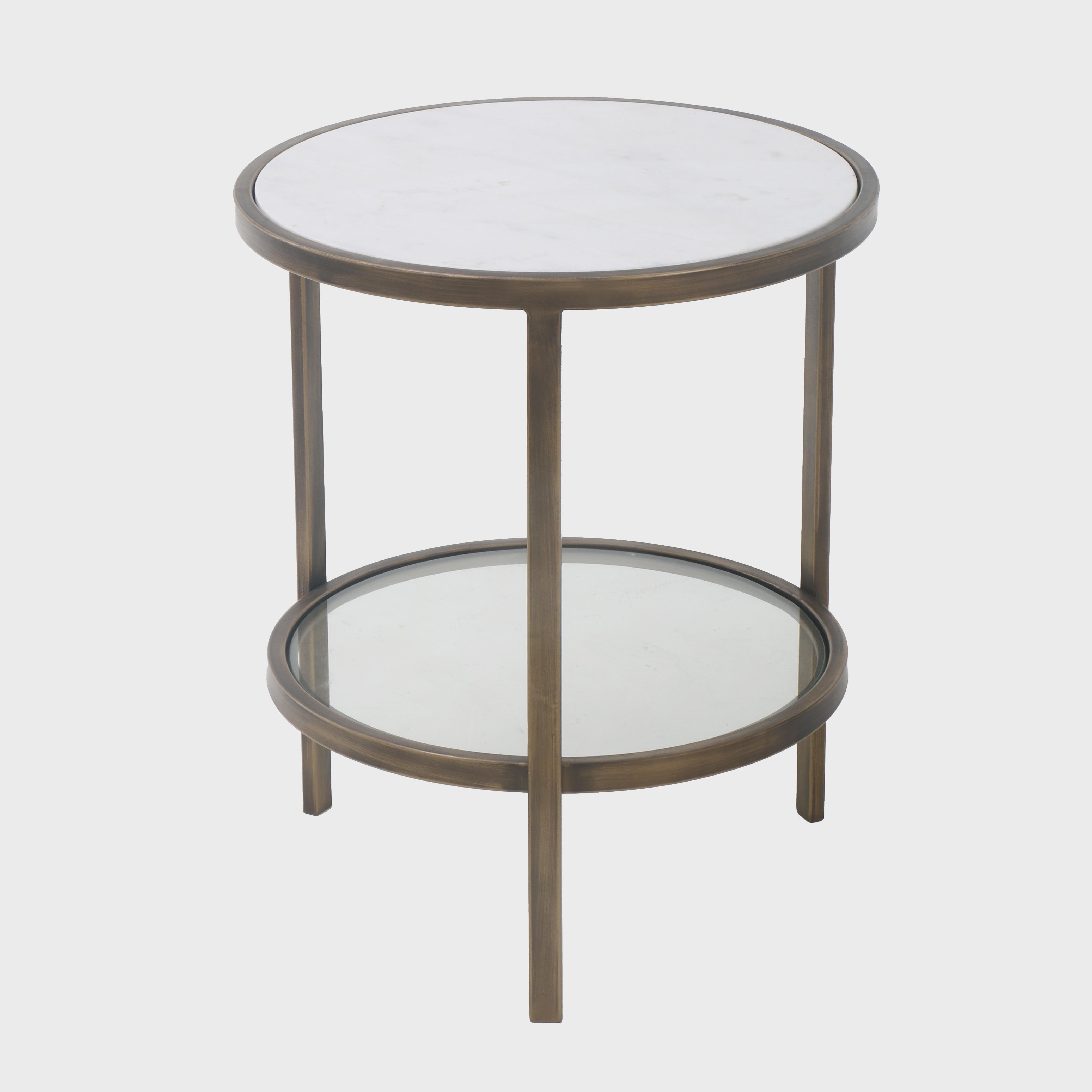 Round side table with metal frame with marble top on a white background