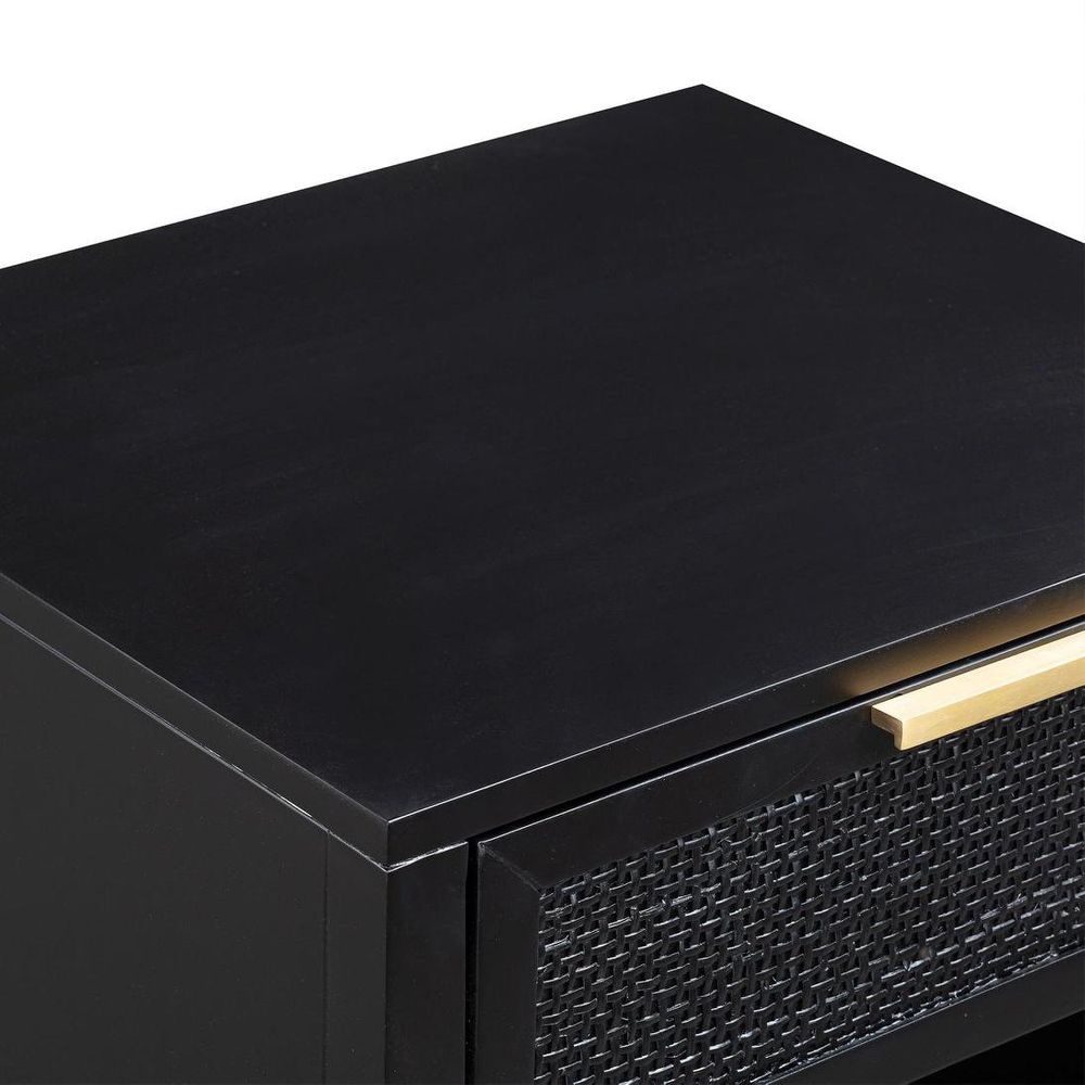Santorini Hamptons Timber/Rattan Bedside Table - Black