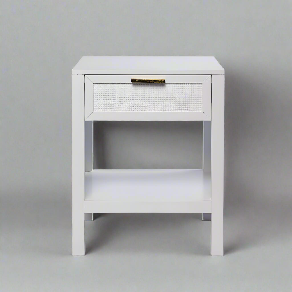 Santorini Hamptons Timber/Rattan Bedside Table - White