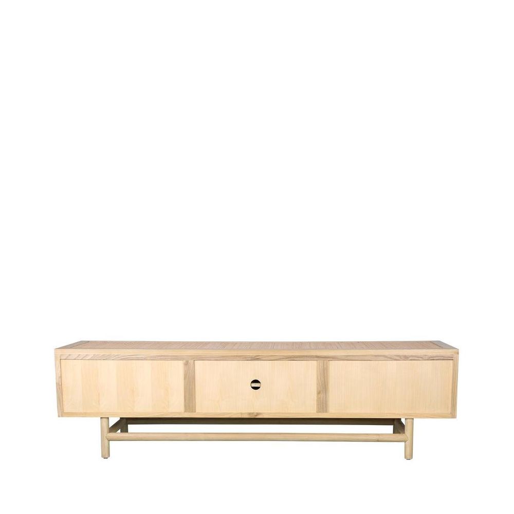 Light wood coffee table with three drawers on a white background