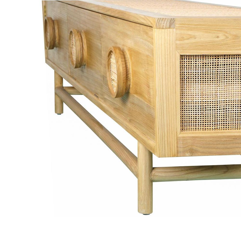 Wooden sideboard with wicker door on a white background