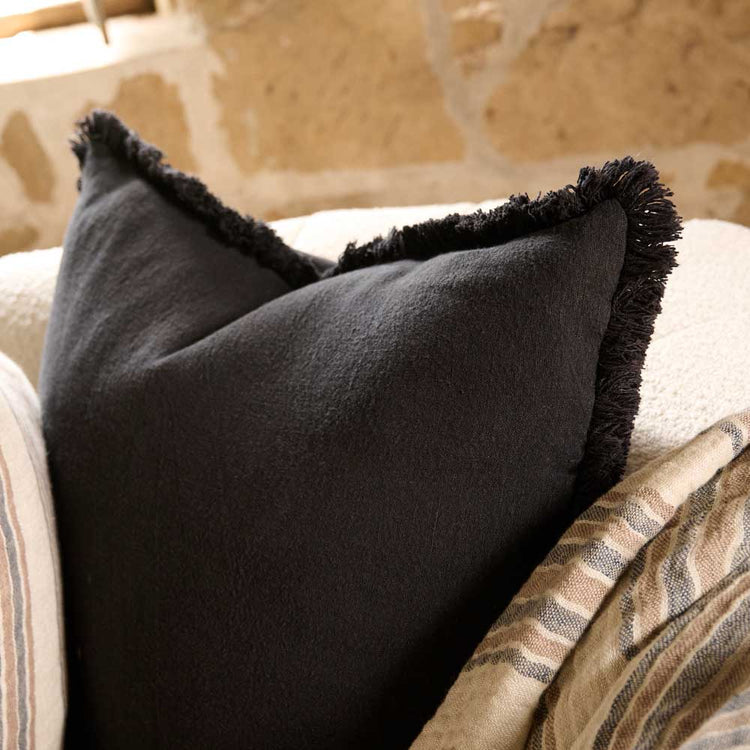Luca Boho Linen Cushion - Black