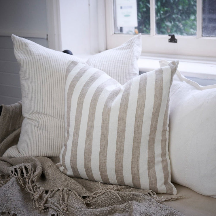 Santi Linen Cushion - Off White/Silver Stripe