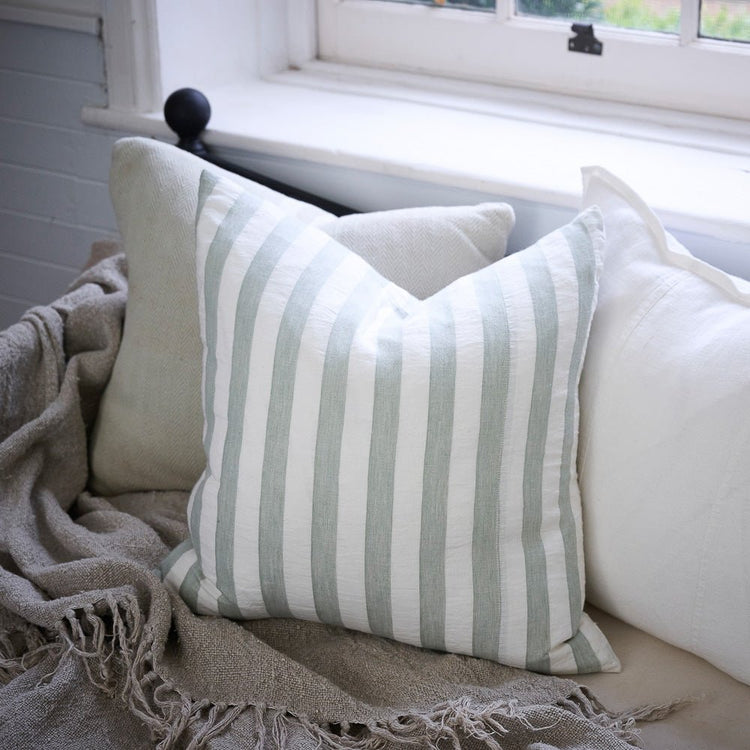 Santi Linen Cushion - Off White/Pistachio Stripe