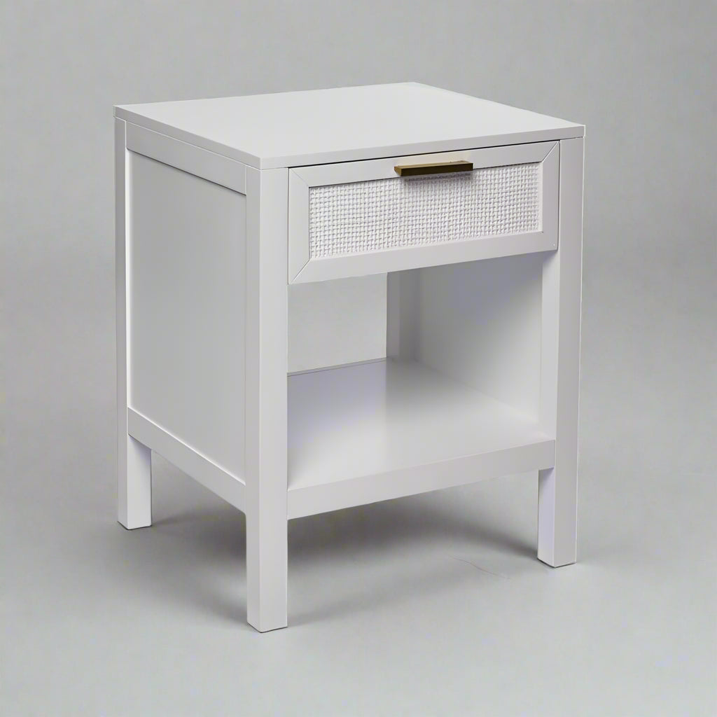 Santorini Hamptons Timber/Rattan Bedside Table - White