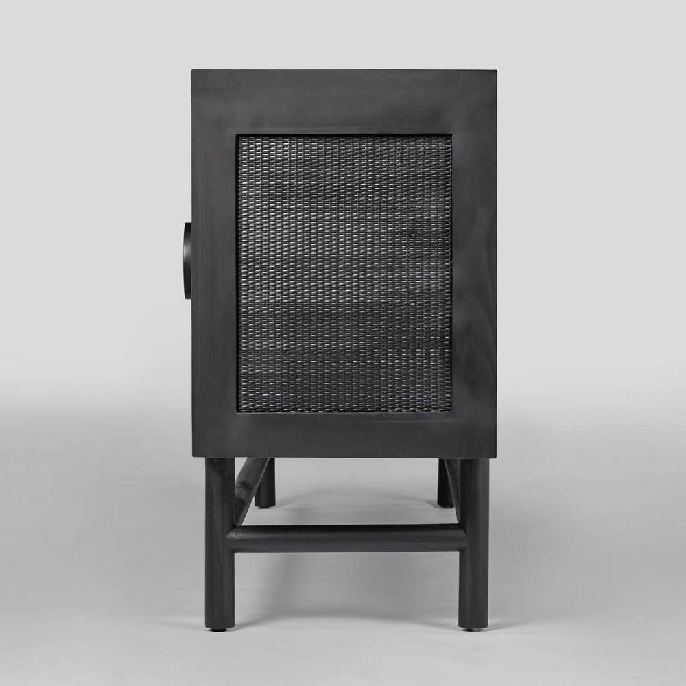 Black wooden cabinet with woven design on a grey background