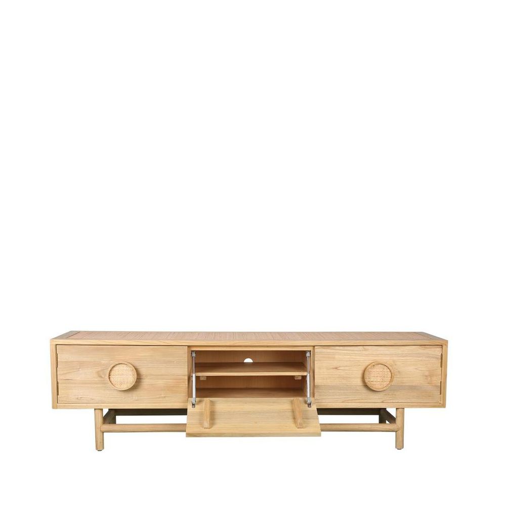 Wooden TV stand with a drawer on a white background
