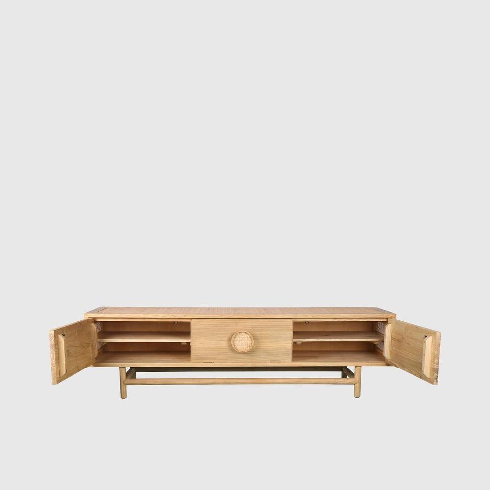 Wooden TV stand with open doors on a white background
