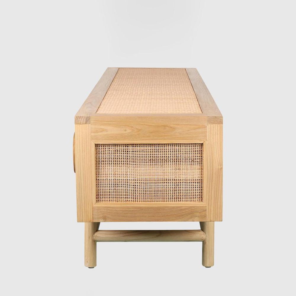 Wooden bench with woven backrest on a white background