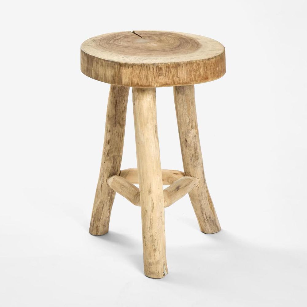 Wooden stool with a round top and three legs on a white background